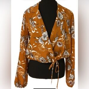 Forever 21 Orange/ Brown Wrap Blouse with Tie Front and Long Sleeves
